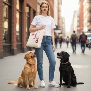 Cream & Pink Raspberry Merlot Dog Paw Heart Puppy Tote Reusable Shopping Bag